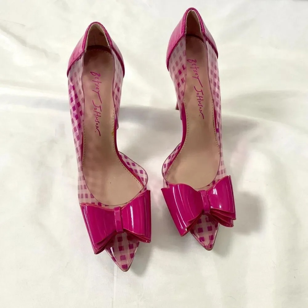 BETSEY JOHSON Fuchsia Checkered Kaison Pointed-Toe Stiletto Heel Bow Pumps 7.5 - Picture 3 of 6